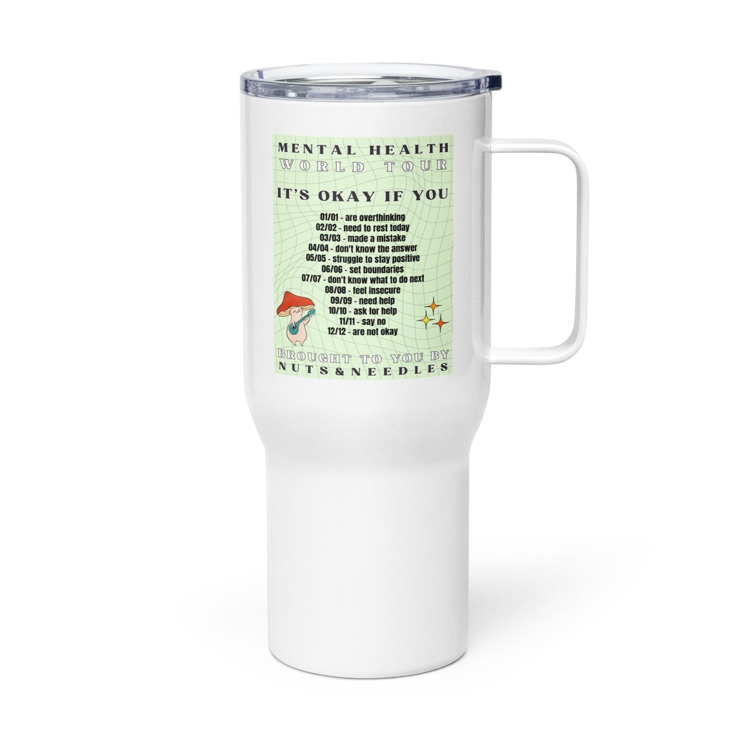 Travel Mug 'Mental Health World Tour', stainless steel mug with handle, Mental Health Awareness, Coffee Cup, Tea Cup, Self Care