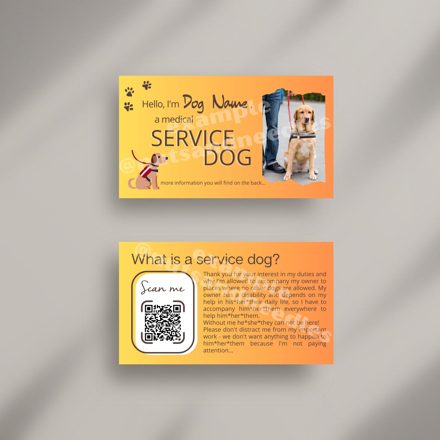 personalized Service Dog Business Card, smart way to sensitize people asking about your service dog, custom information about Service Dogs