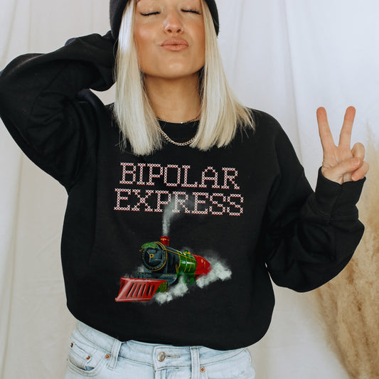 Ugly Christmas Sweater 'Bipolar Express', part of profit donated to Bipolar Disorder Charity, Mental Health, Unisex Sweatshirt, Self Care